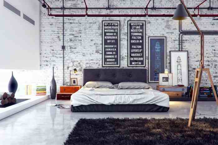 Desain kamar tidur industrial dengan wallpaper brick