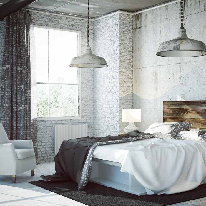 Desain kamar tidur industrial dengan wallpaper brick